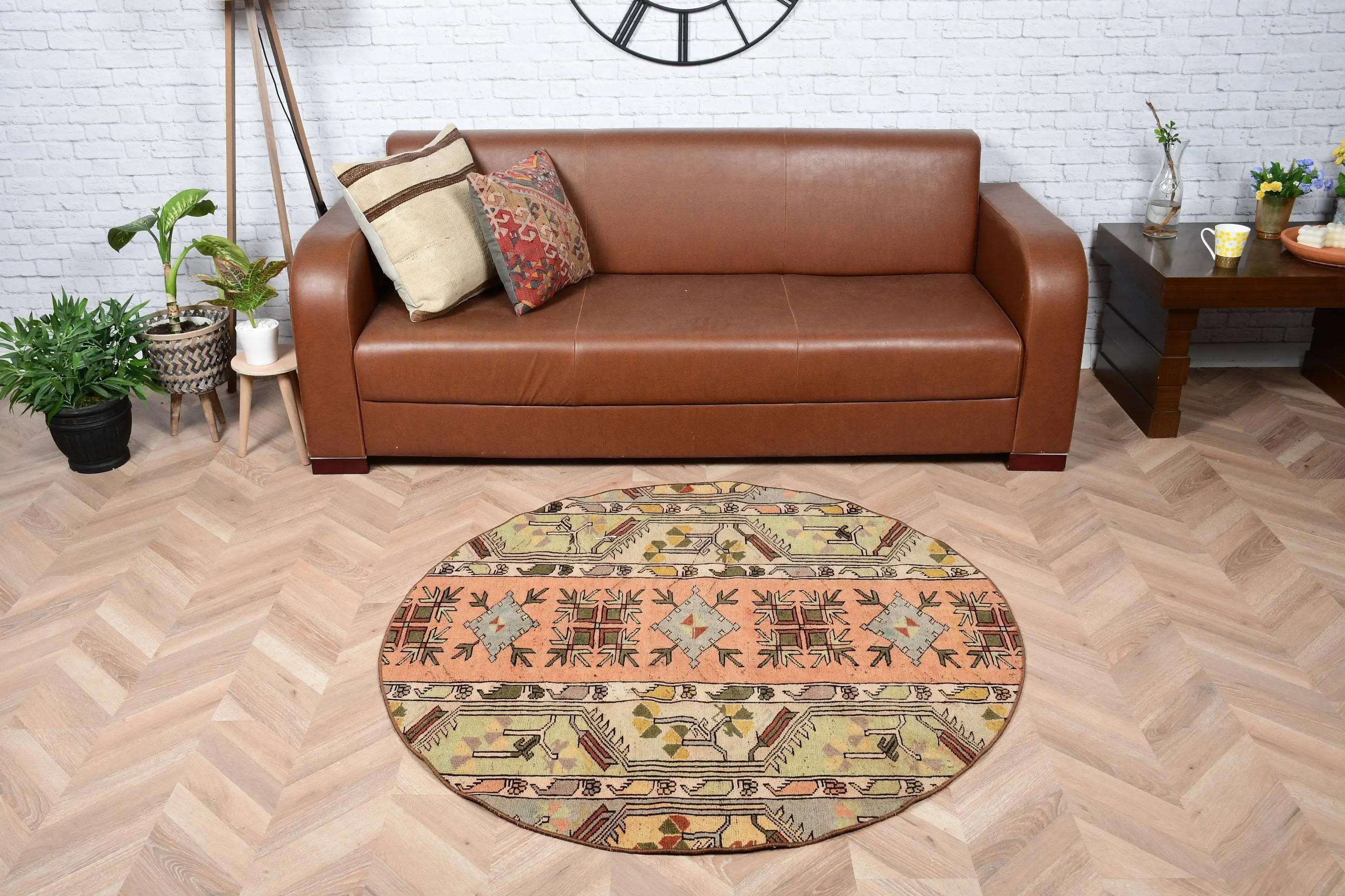 Alfombra de lana naranja hecha a mano de 4.3x4.3 ft, alfombra turca vintage