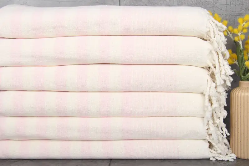 Embroidered Beach Towel Light Pink Striped, 40x67 Inches