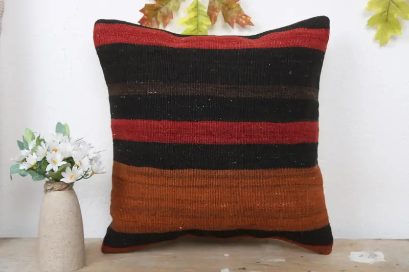 Turkish Pillow, Turkish Kilim Pillow, 16x16 Brown Cushion, Farmhouse Pillow, Wholesale Cushion Case, Vintage Kilim Pillow, Pillow Cover - 2
