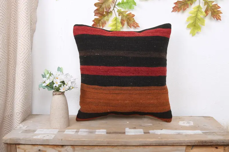 Turkish Pillow, Turkish Kilim Pillow, 16x16 Brown Cushion, Farmhouse Pillow, Wholesale Cushion Case, Vintage Kilim Pillow, Pillow Cover - 1