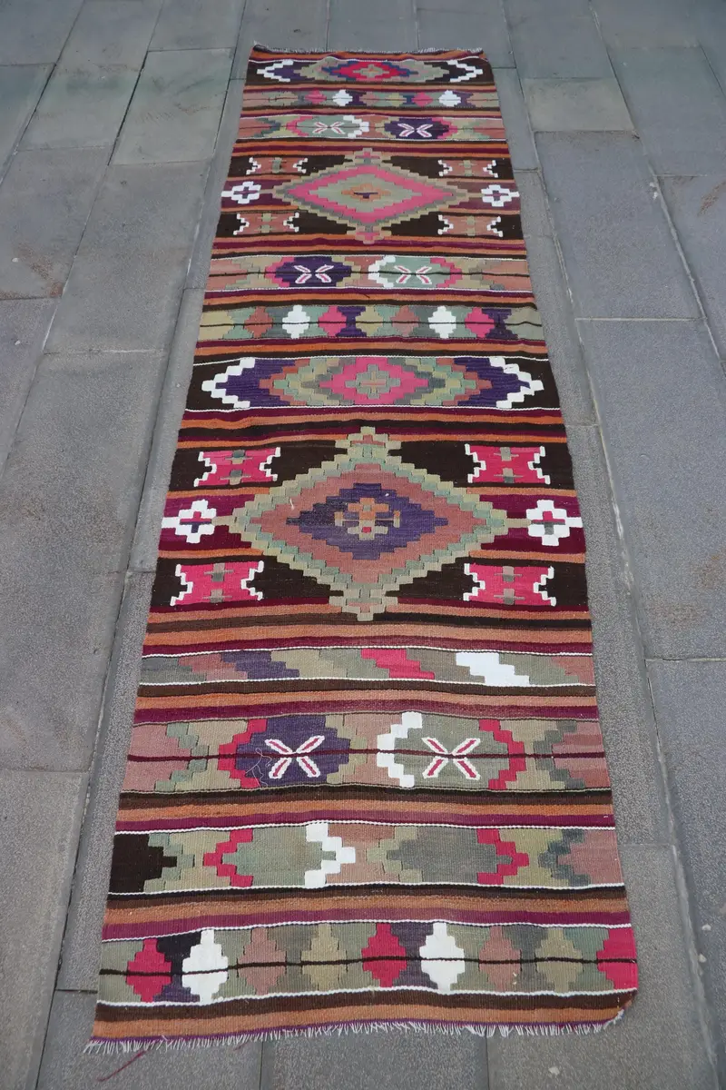 Turkish Vintage Rug 2.5x9.1 ft (77x277 cm), Kilim Brown Red Moroccan Rug - 1