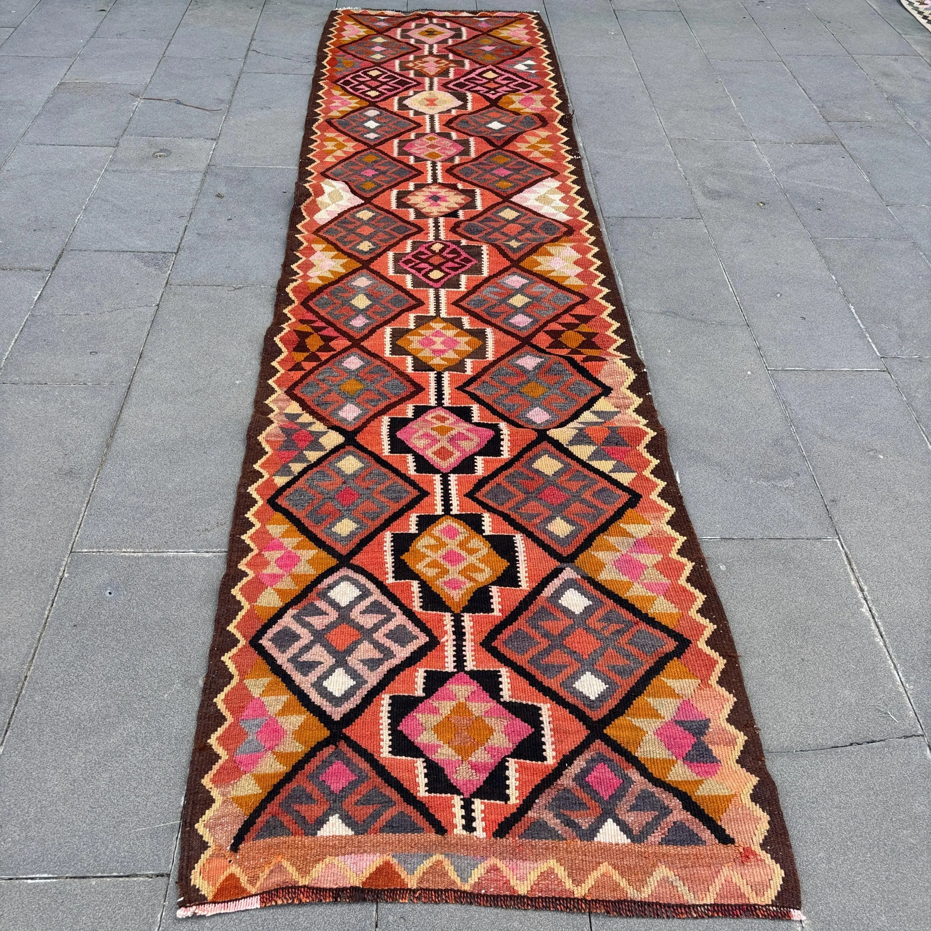 Vintage Runner Rug 3x12.7 ft, Red Oriental Turkish Wool Rug - 1