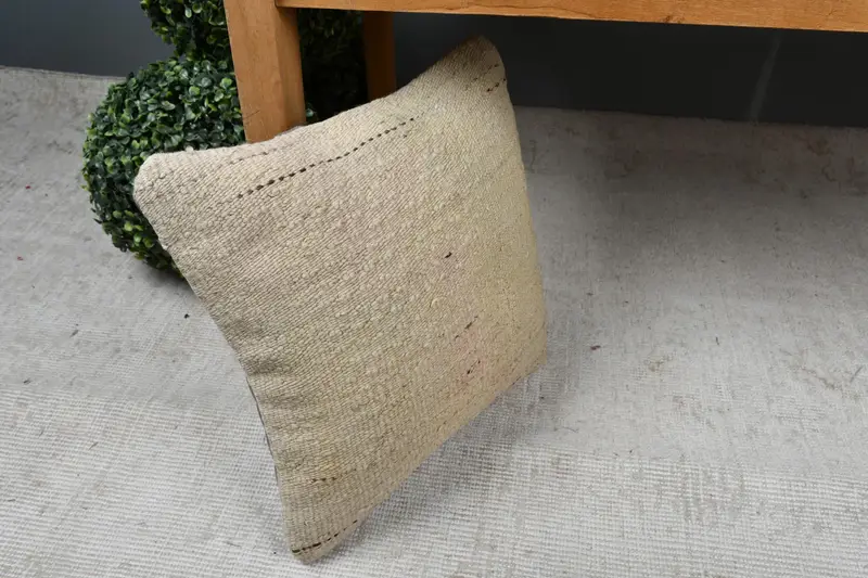 Cushion, Kilim Rug Cushion Case, Turkish Kilim Pillow, Pet Pillow Sham, 14x14 Beige Pillow Cover, Vintage Pillow, Boho Pillow Sham Cover - 7