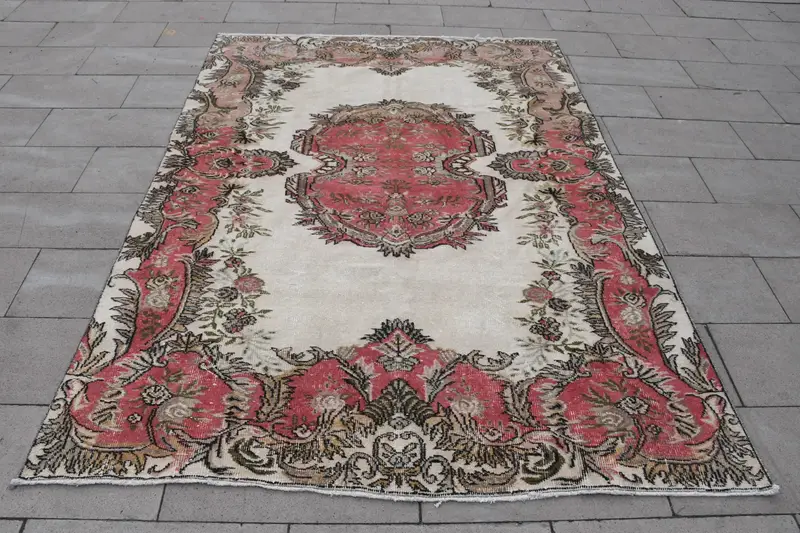 6x8.2 ft Vintage Turkish Rug, Large Rug, Red Oushak Bordered Rug - 1