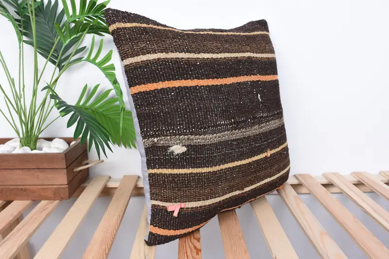Throw Kilim Pillow, Gift Pillow, Nautical Throw Cushion Case, Vintage Kilim Throw Pillow, Pillow Sham, 20x20 Brown Pillow Case - 4