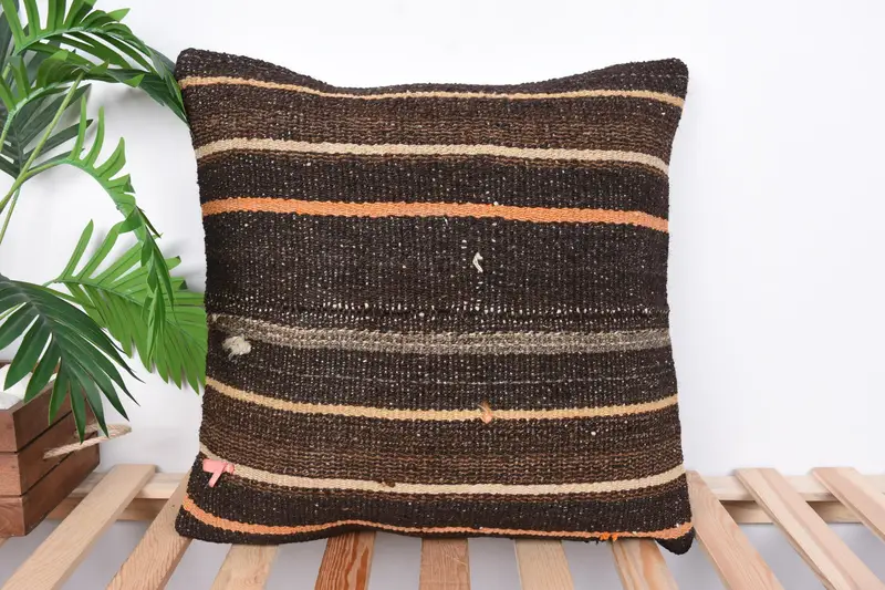Throw Kilim Pillow, Gift Pillow, Nautical Throw Cushion Case, Vintage Kilim Throw Pillow, Pillow Sham, 20x20 Brown Pillow Case - 1