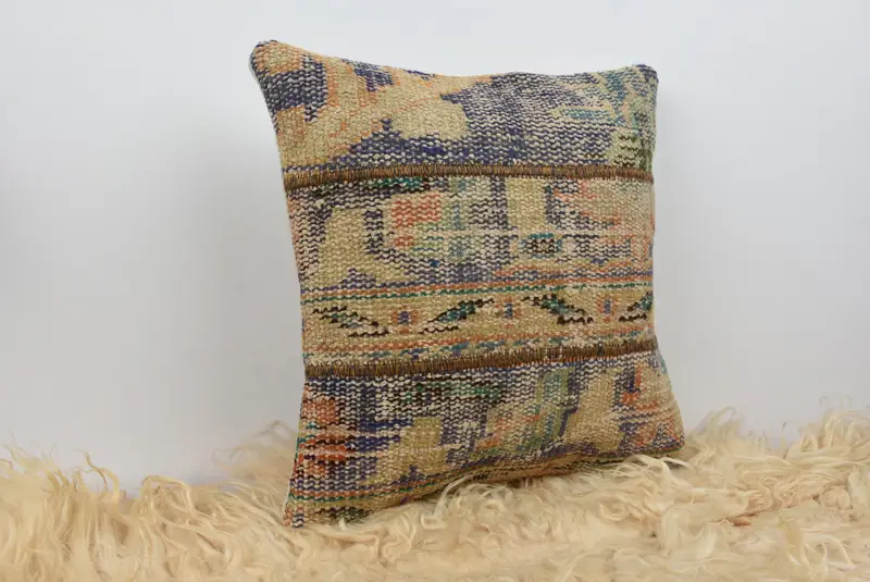 16x16 Blue Cushion, Turkish Pillow, Pillow Sham, Kilim Cushion Sham, Throw Kilim Pillow, Handwoven Cushion Case, Pattern Throw Cushion Cover - 8