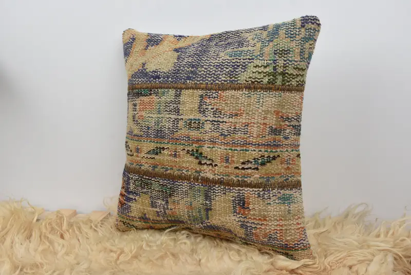 16x16 Blue Cushion, Turkish Pillow, Pillow Sham, Kilim Cushion Sham, Throw Kilim Pillow, Handwoven Cushion Case, Pattern Throw Cushion Cover - 7