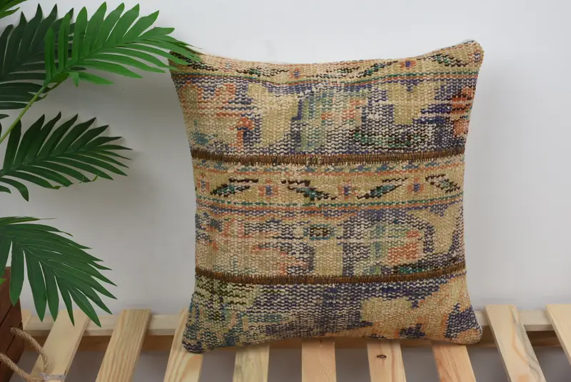 16x16 Blue Cushion, Turkish Pillow, Pillow Sham, Kilim Cushion Sham, Throw Kilim Pillow, Handwoven Cushion Case, Pattern Throw Cushion Cover - 1