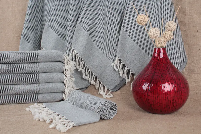 キッチンタオル トルコ綿 ベージュストライプ、刺繍、24x44インチ