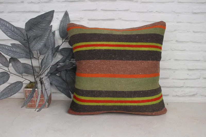 Ethnical Kilim Rug Pillow, Vintage Pillow, Vintage Kilim Pillow Cushion Case, Vintage Kilim Throw Pillow, 20x20 Green Cushion, Pillow Sham - 1