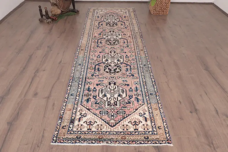 3x9.5 ft Runner Turkish Rug, Vintage Rug, Blue Pink Check Wool Rug - 1