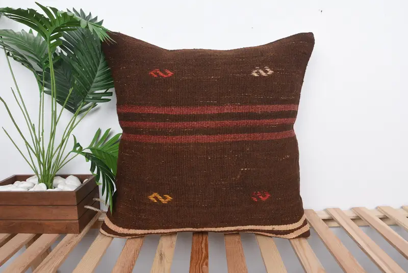 Knitted Cushion, Cushion, Kilim Pillow, 24x24 Brown Pillow Case, Outdoor Throw Cushion Case, Throw Kilim Pillow, Turkish Kilim Pillow - 1