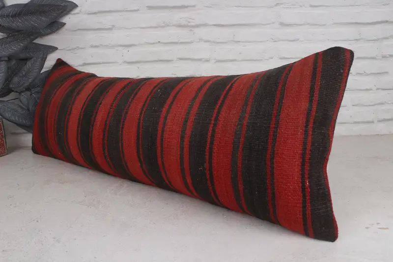 Toss Cushion Cover, Boho Pillow, Office Chair Cushion Case, 12x36 Red Cushion Case, Cushion Case, Boho Pillow Sham Cover, Handmade Kilim Cushion - 4