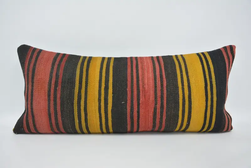 Rot & Orange gestreiftes Kissen, Vintage besticktes Kissen