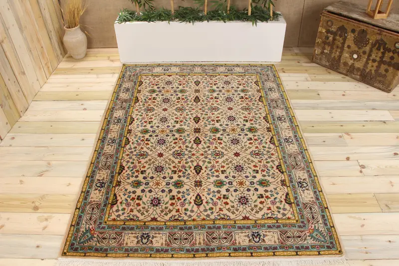 Alfombra Hecha a Mano 1x2m Beige con Tonos Verdes