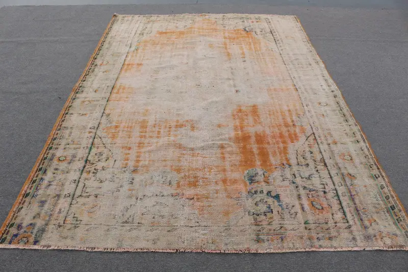 Handmade Orange & Beige Rug, 6.5x9.5 ft Geometric Floral