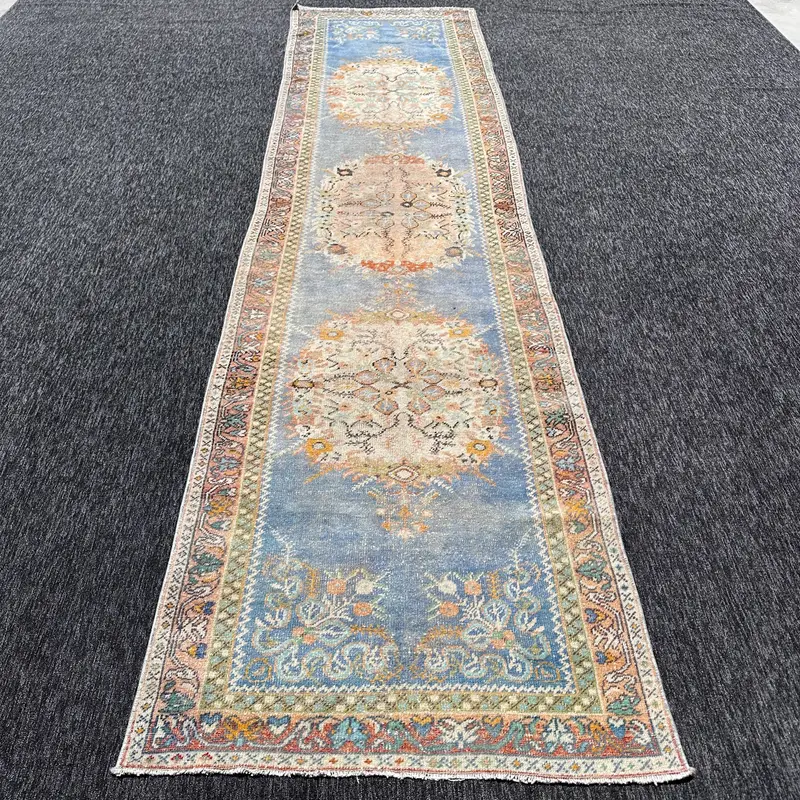 Alfombra abstracta azul y naranja, decoración elegante de 0,3 x 10,5 pies