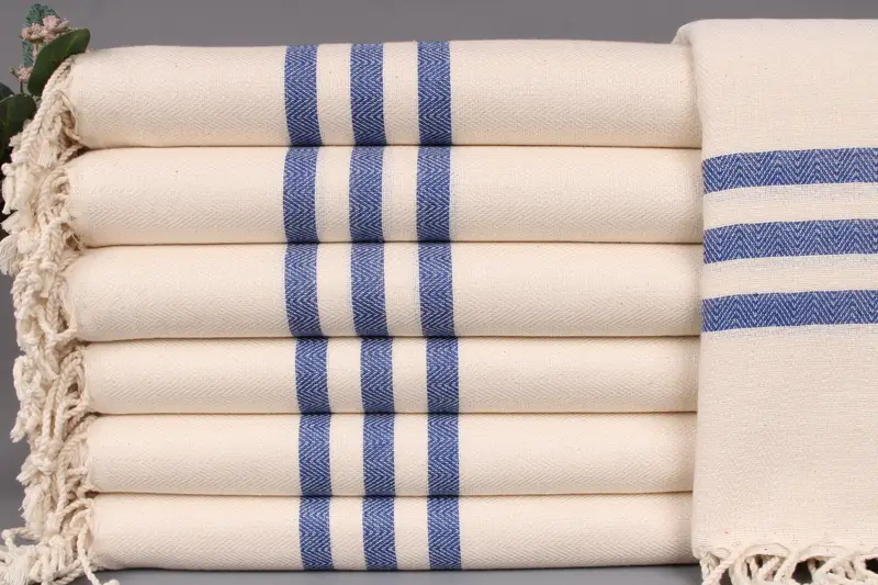 Turkish Bath Towel Embroidered Sax Blue Stripes, 40x71 Inches