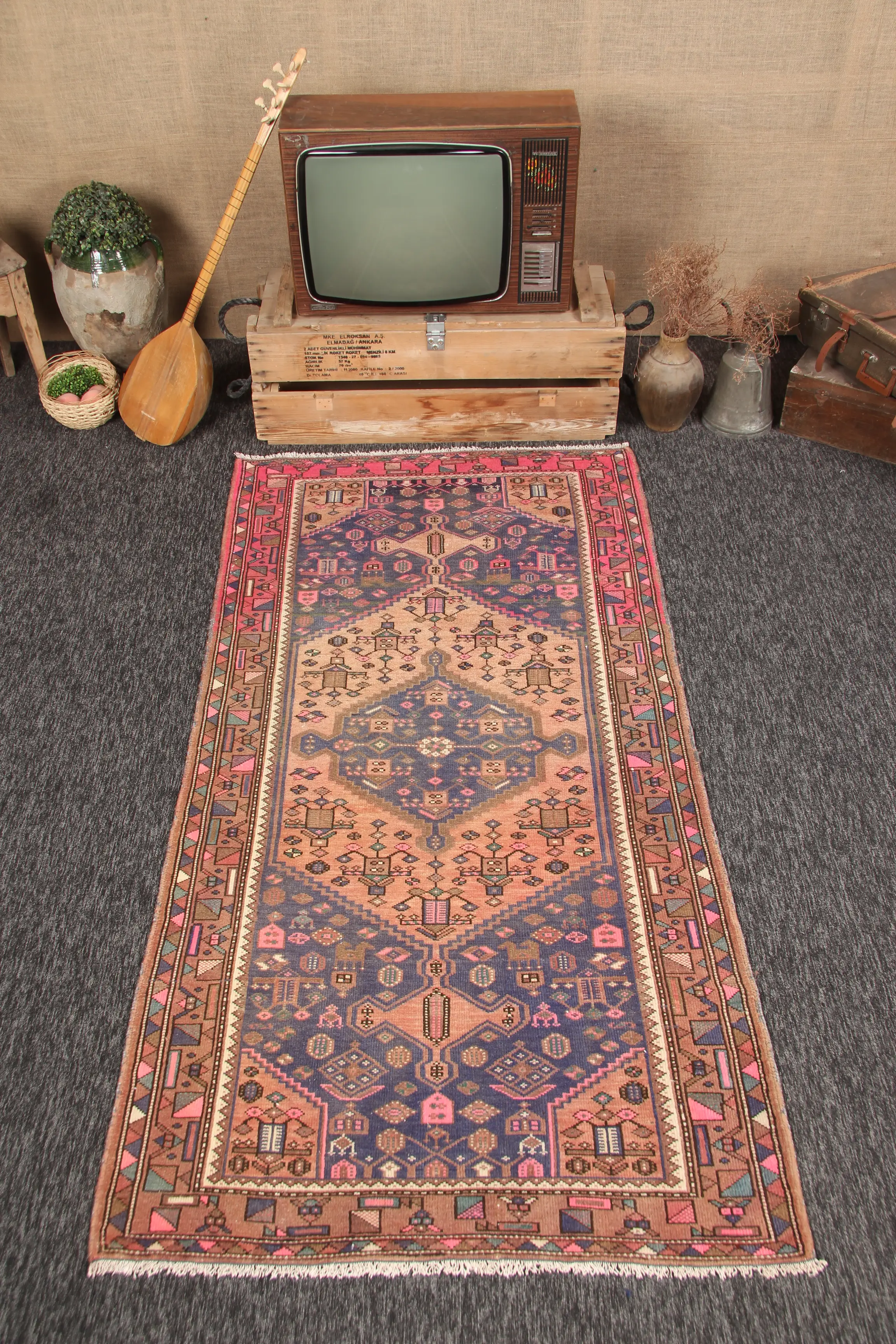 Turkish 3.6x7.1 ft Small Rug, Vintage Rug, Oushak Brown Geometric Rug - 1