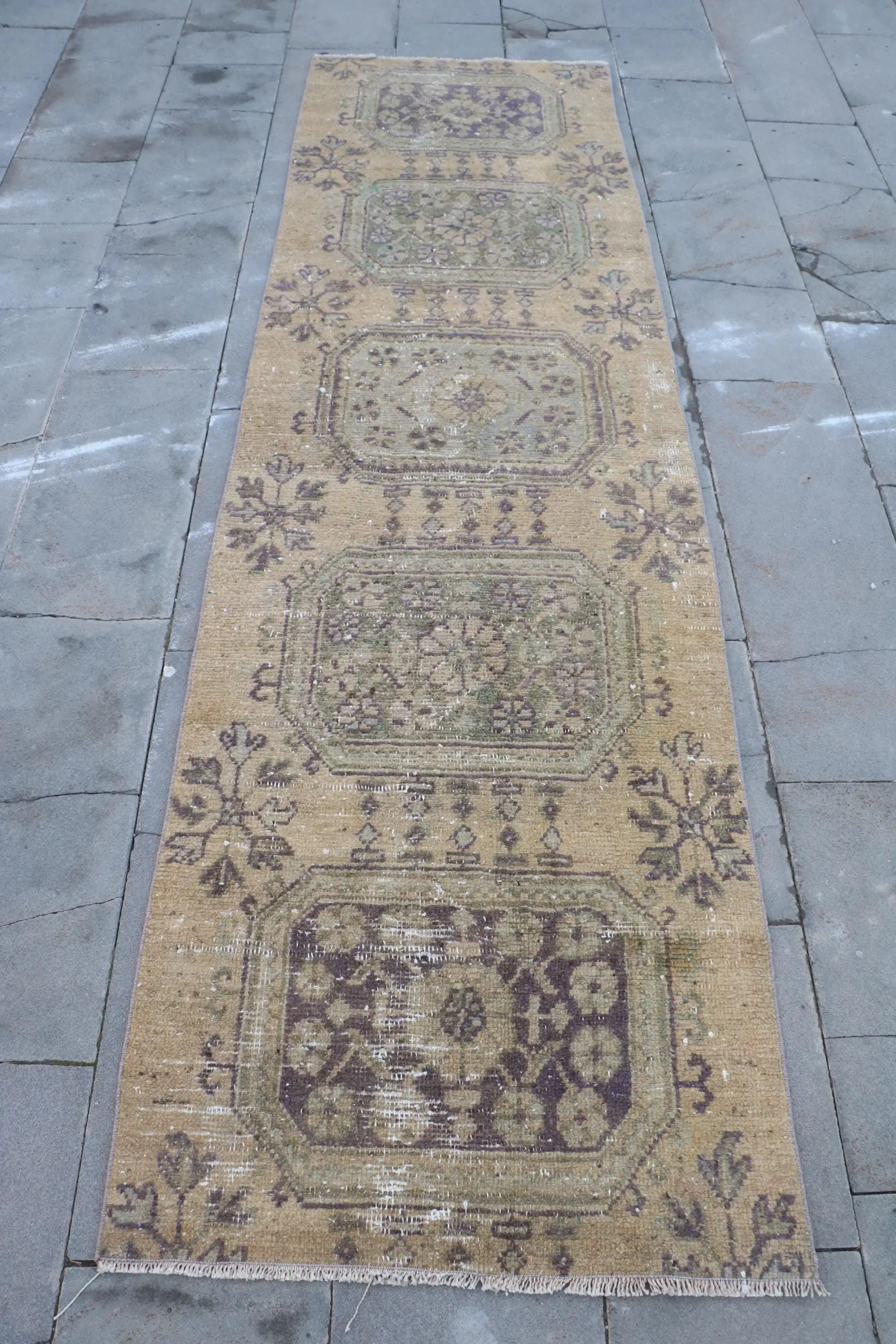 Vintage Rug, 2.7x9.4 ft Runner Rug, Brown Green Wool Rug - 1