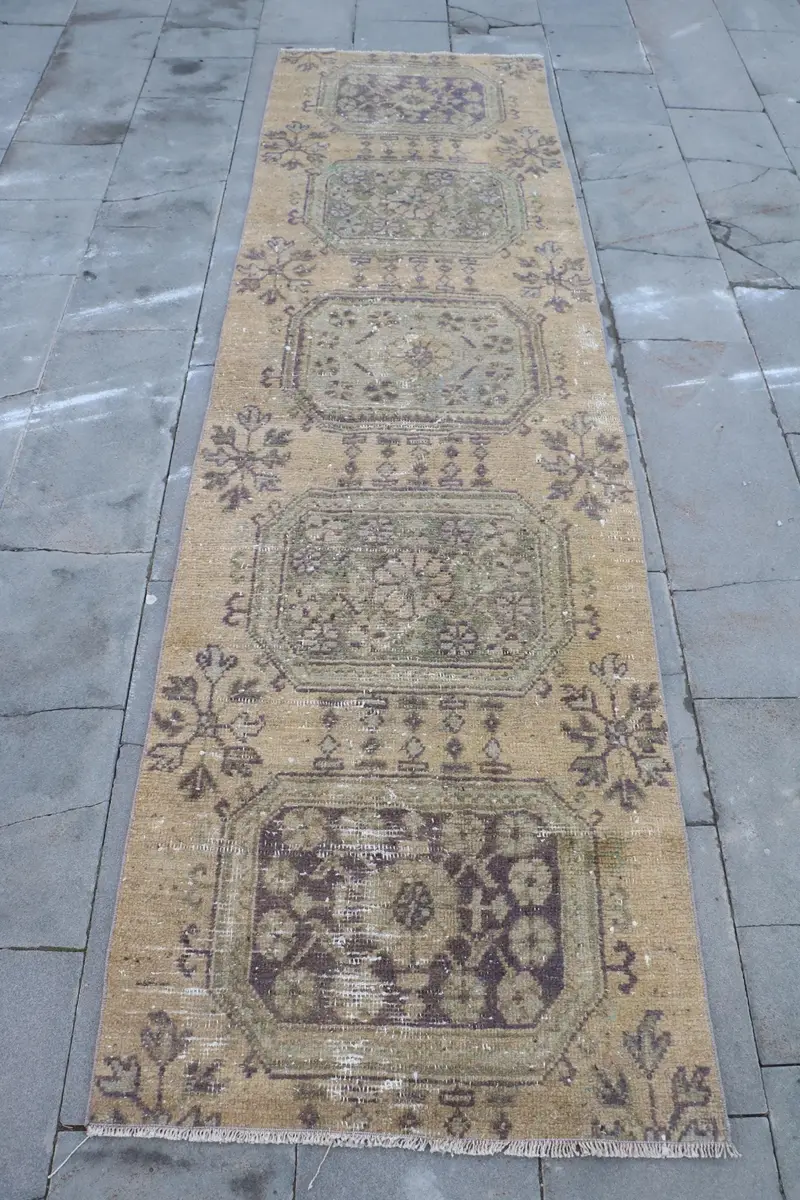 Yeşil, Kahverengi Puantiyeli Halı, 2,7x9,4 ft Şık Dekor