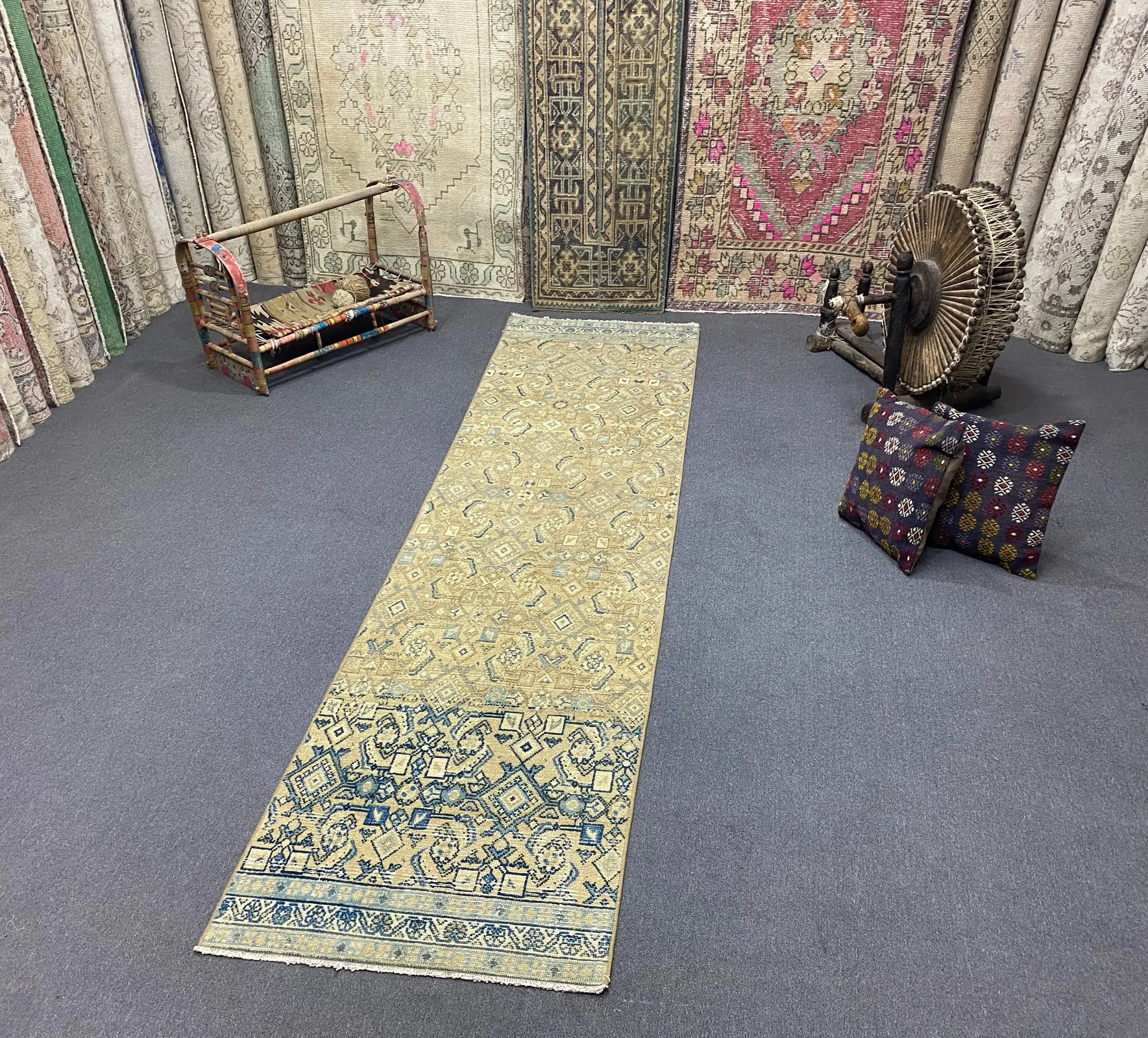 2.5x10.1 ft Turkish Runner Rug, Vintage Blue Floral Rug - 1