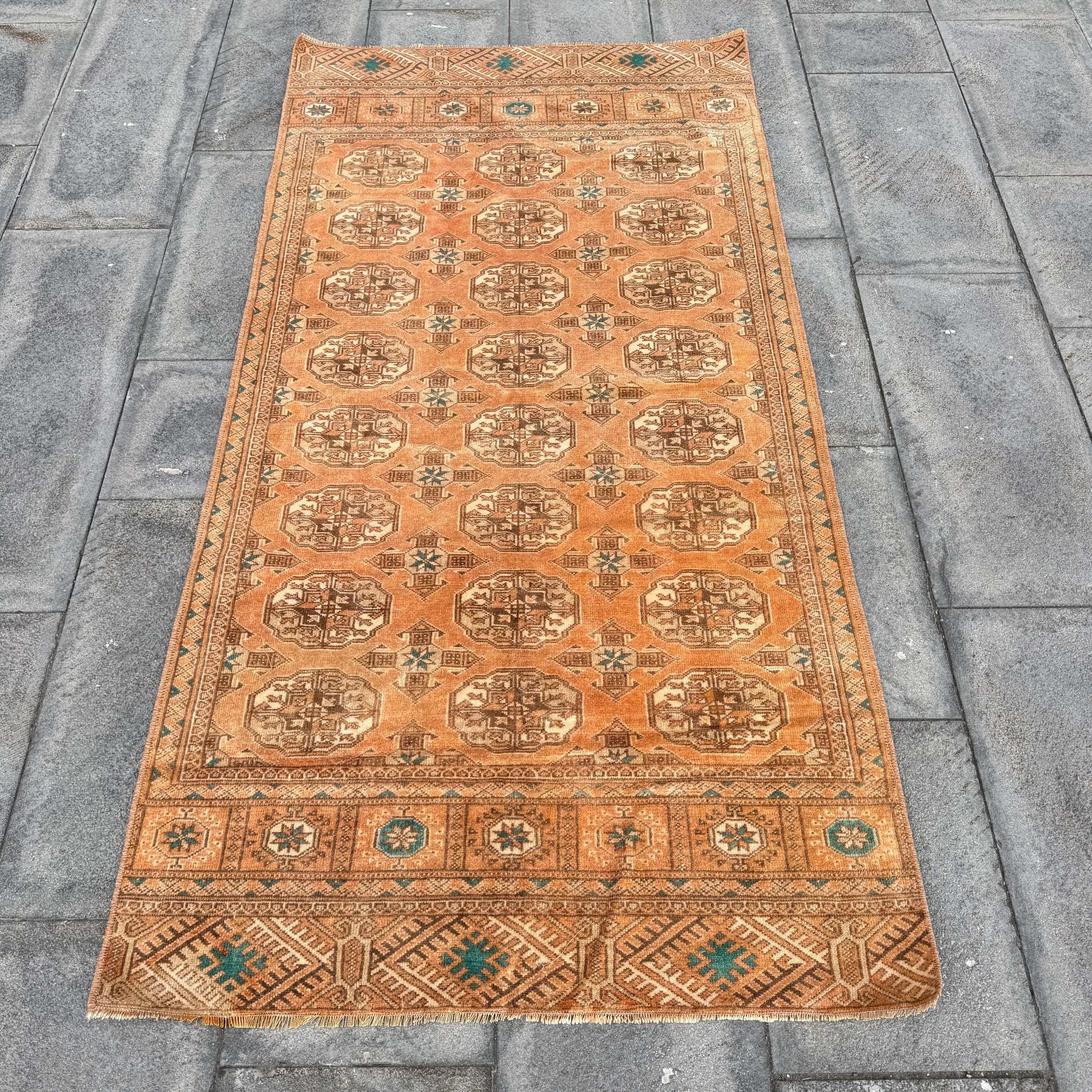 Alfombra turca vintage de lana de lunares marrón, 9x1,8m - 1