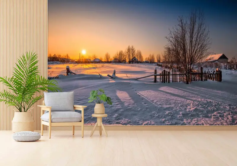 Bedruckte Tapete „Sonnenuntergang-Winterlandschaft“: Die doppelte Schönheit der Natur