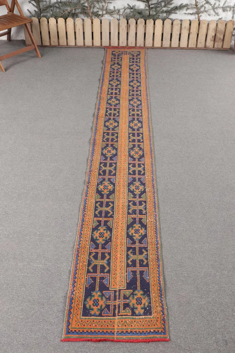 Alfombra hecha a mano en naranja y azul, 1,7x11,1 ft Patchwork