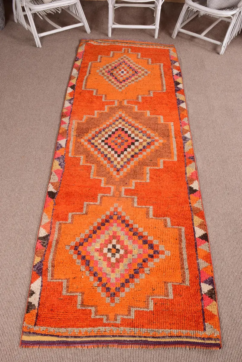 Vintage Runner Rug, 3.3x9.7 ft Turkish Rug, Orange Camouflage Wool Rug - 1