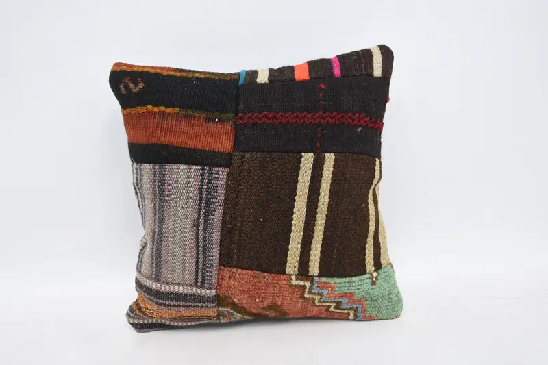 Turkish Striped Small Square Pillow, Gift 14x14 inch Brown Thanksgiving Gift Wool Pillow Sham - 1