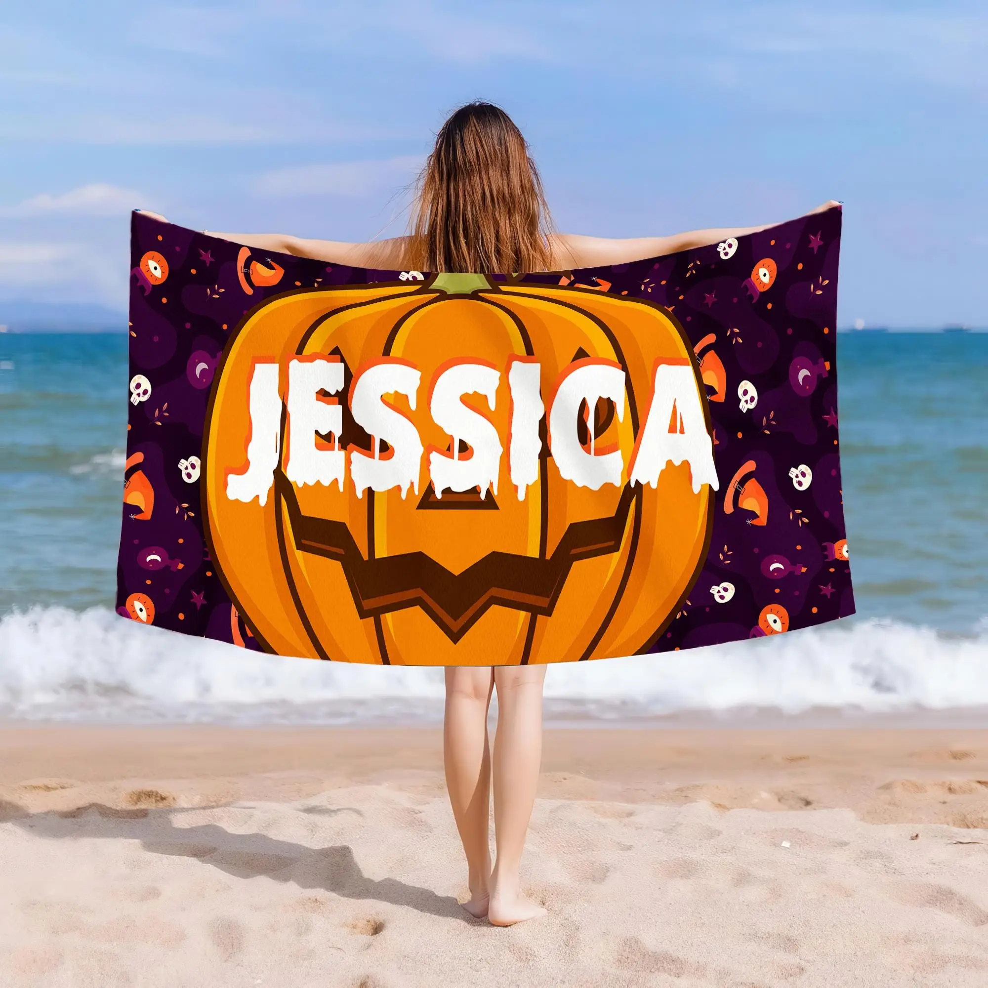 Beach Towel Personalized Pumpkin Jack O Lantern Black Orange, 28x53 Inches - 1