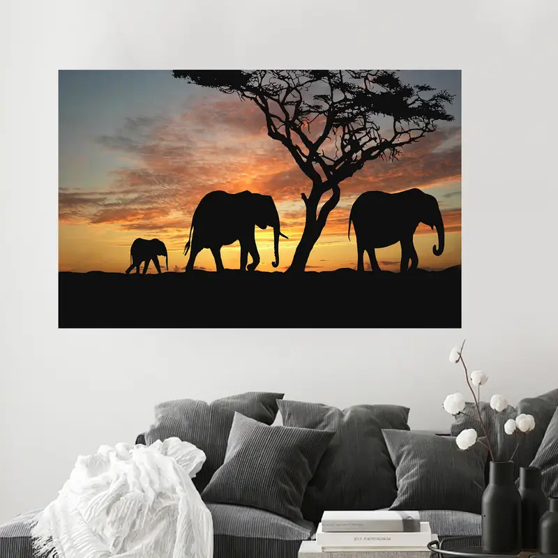 Elegantes bedrucktes Glas: Afrikanische Landschaft und Elefantensilhouette