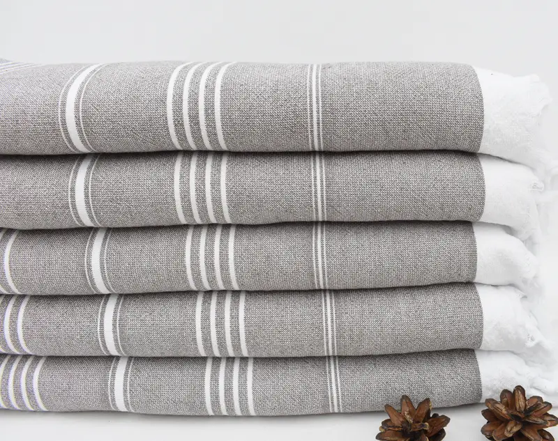 Brown Handwoven Turkish Bath Towel, White Stripes, 70x36 Inches