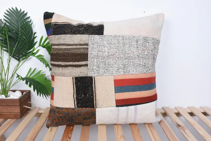 Ethnical Kilim Rug Pillow, Natural Cushion Cover, Antique Pillows, 28x28 Beige Cushion Cover, Pillow, Boho Pillow, Crochet Pattern Cushion Cover - 1