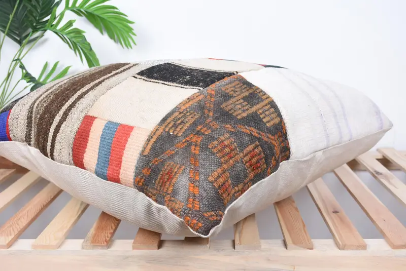 Ethnical Kilim Rug Pillow, Natural Cushion Cover, Antique Pillows, 28x28 Beige Cushion Cover, Pillow, Boho Pillow, Crochet Pattern Cushion Cover - 6
