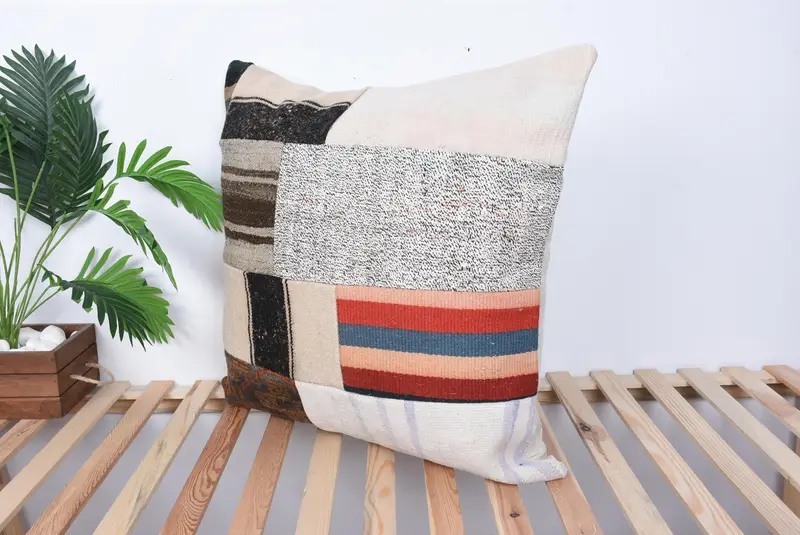 Ethnical Kilim Rug Pillow, Natural Cushion Cover, Antique Pillows, 28x28 Beige Cushion Cover, Pillow, Boho Pillow, Crochet Pattern Cushion Cover - 5