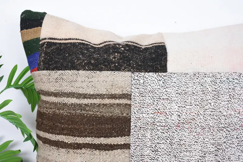 Ethnical Kilim Rug Pillow, Natural Cushion Cover, Antique Pillows, 28x28 Beige Cushion Cover, Pillow, Boho Pillow, Crochet Pattern Cushion Cover - 2
