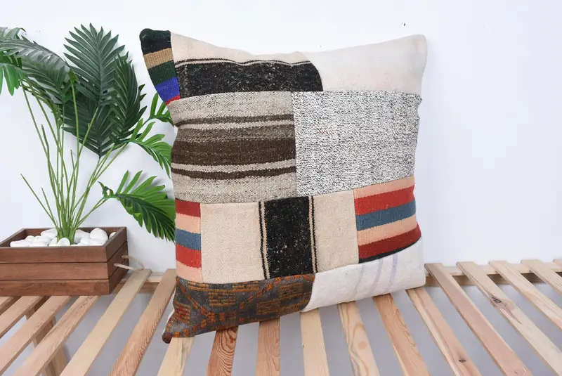 Ethnical Kilim Rug Pillow, Natural Cushion Cover, Antique Pillows, 28x28 Beige Cushion Cover, Pillow, Boho Pillow, Crochet Pattern Cushion Cover - 4