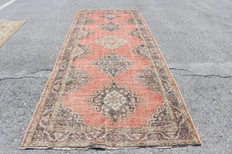 Alfombra turca Runner, alfombra vintage de 4,9x12,5 pies, alfombra de lana Oushak roja - 1