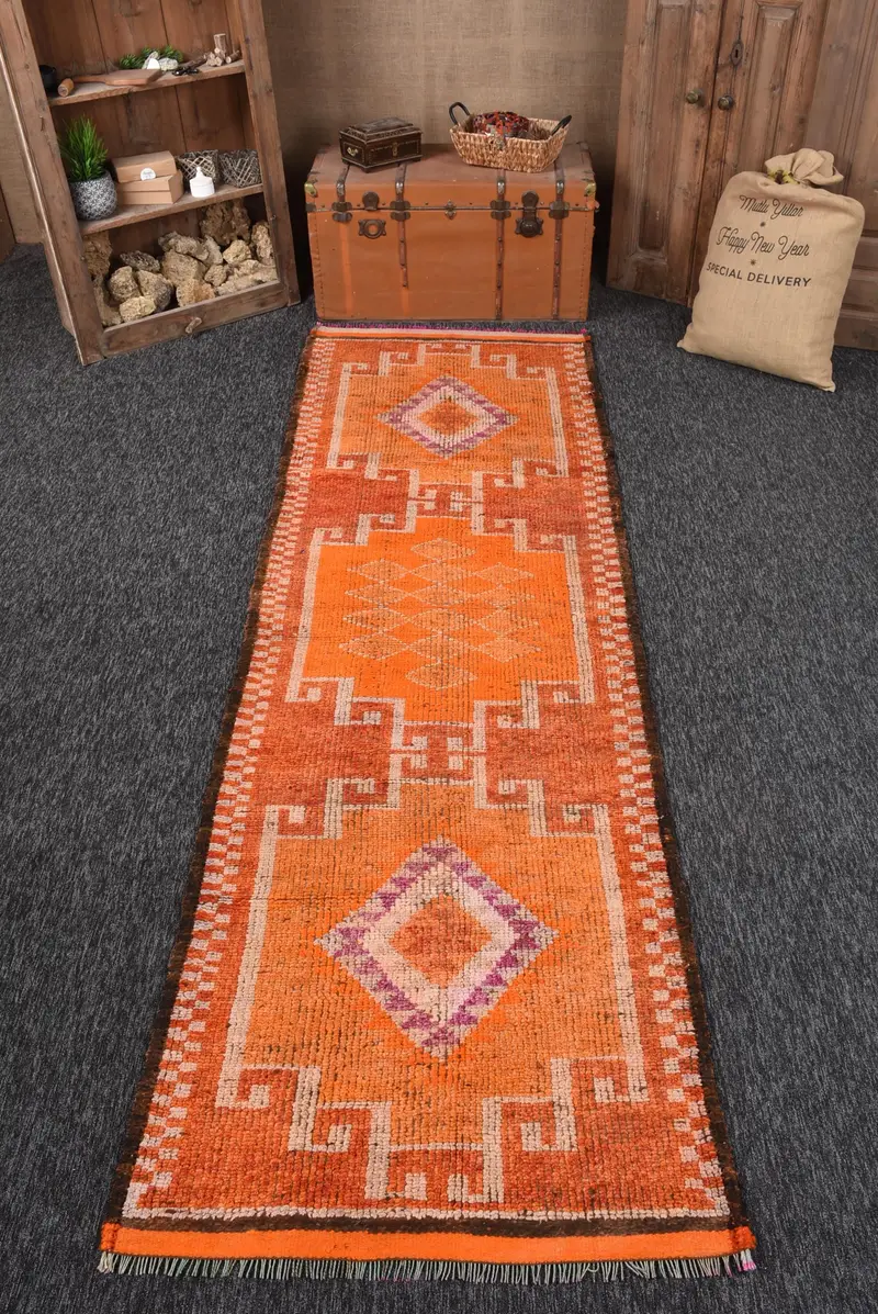 3.3x10.8 ft Turkish Herki Rug, Orange Polka dot Vintage Wool Rug - 1