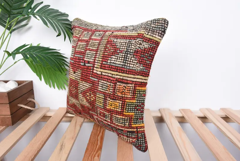 Sustainable Pillow Cover, 16x16 Red Pillow Case, Cushion Case, Aesthetic Cushion Case, Kilim Pillow, Boho Pillow, Boho Pillow Sham Cover - 5