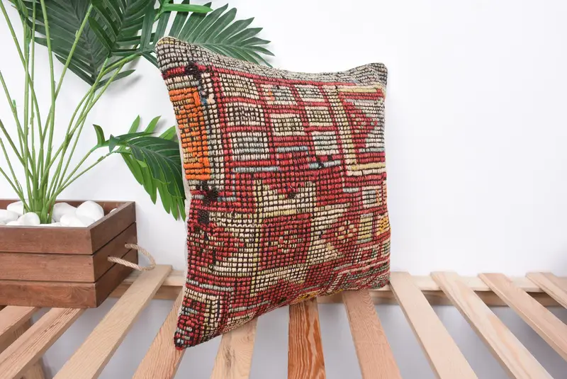 Sustainable Pillow Cover, 16x16 Red Pillow Case, Cushion Case, Aesthetic Cushion Case, Kilim Pillow, Boho Pillow, Boho Pillow Sham Cover - 4