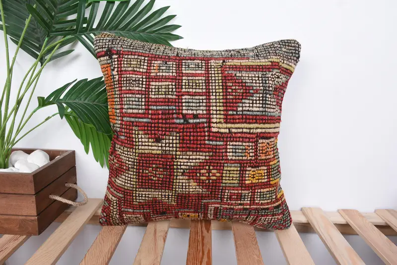 Sustainable Pillow Cover, 16x16 Red Pillow Case, Cushion Case, Aesthetic Cushion Case, Kilim Pillow, Boho Pillow, Boho Pillow Sham Cover - 1