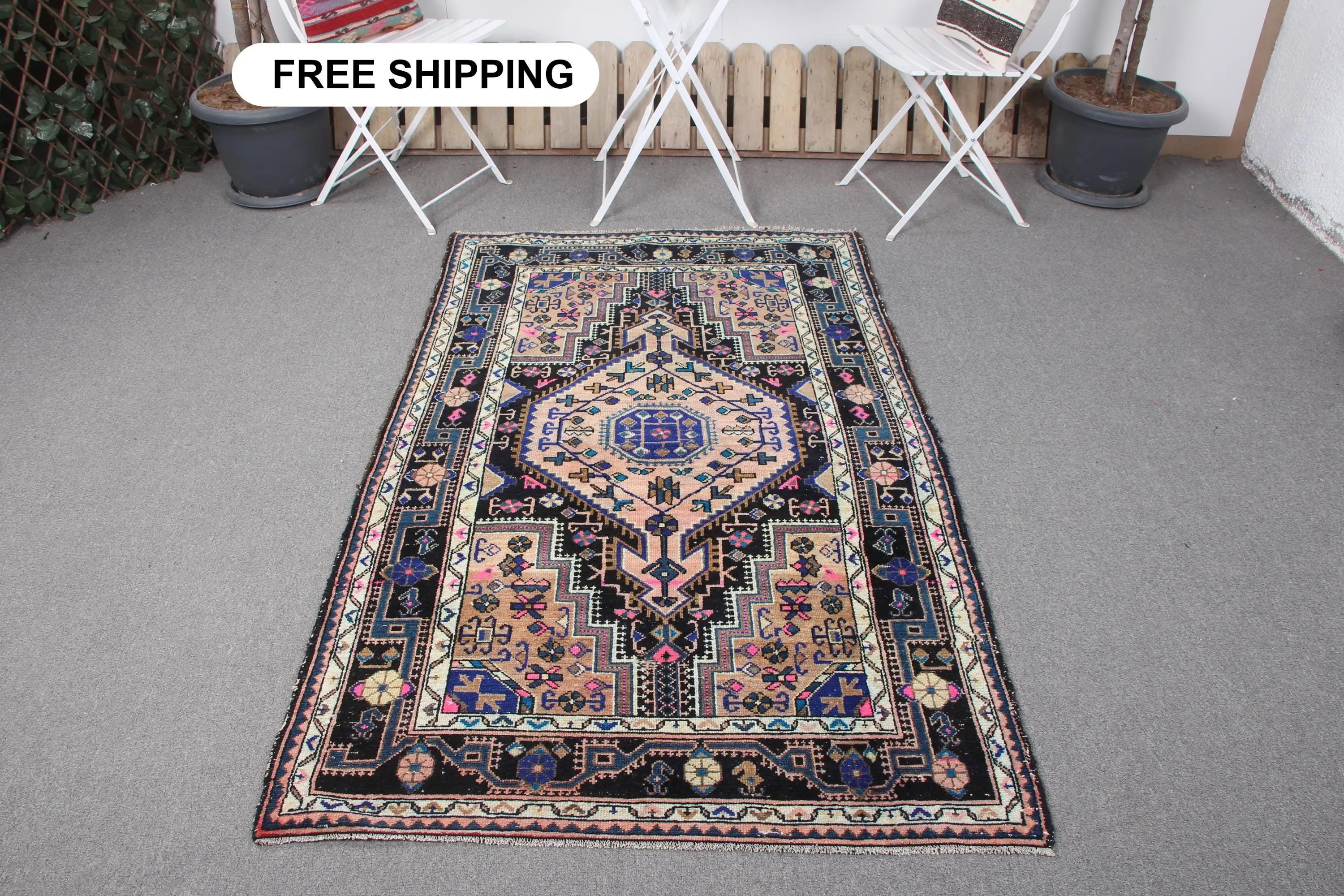 Vintage Halı, Vurgulu 3.7x5.9 ft Halı, Mavi Halı - 1