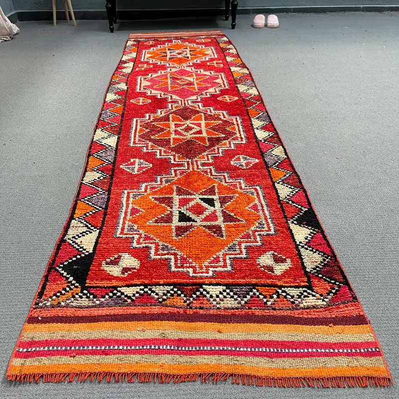 Vintage Rug, Runner 2.9x10.8 ft Turkish Rug, Red Orange Moroccan Wool Rug - 1