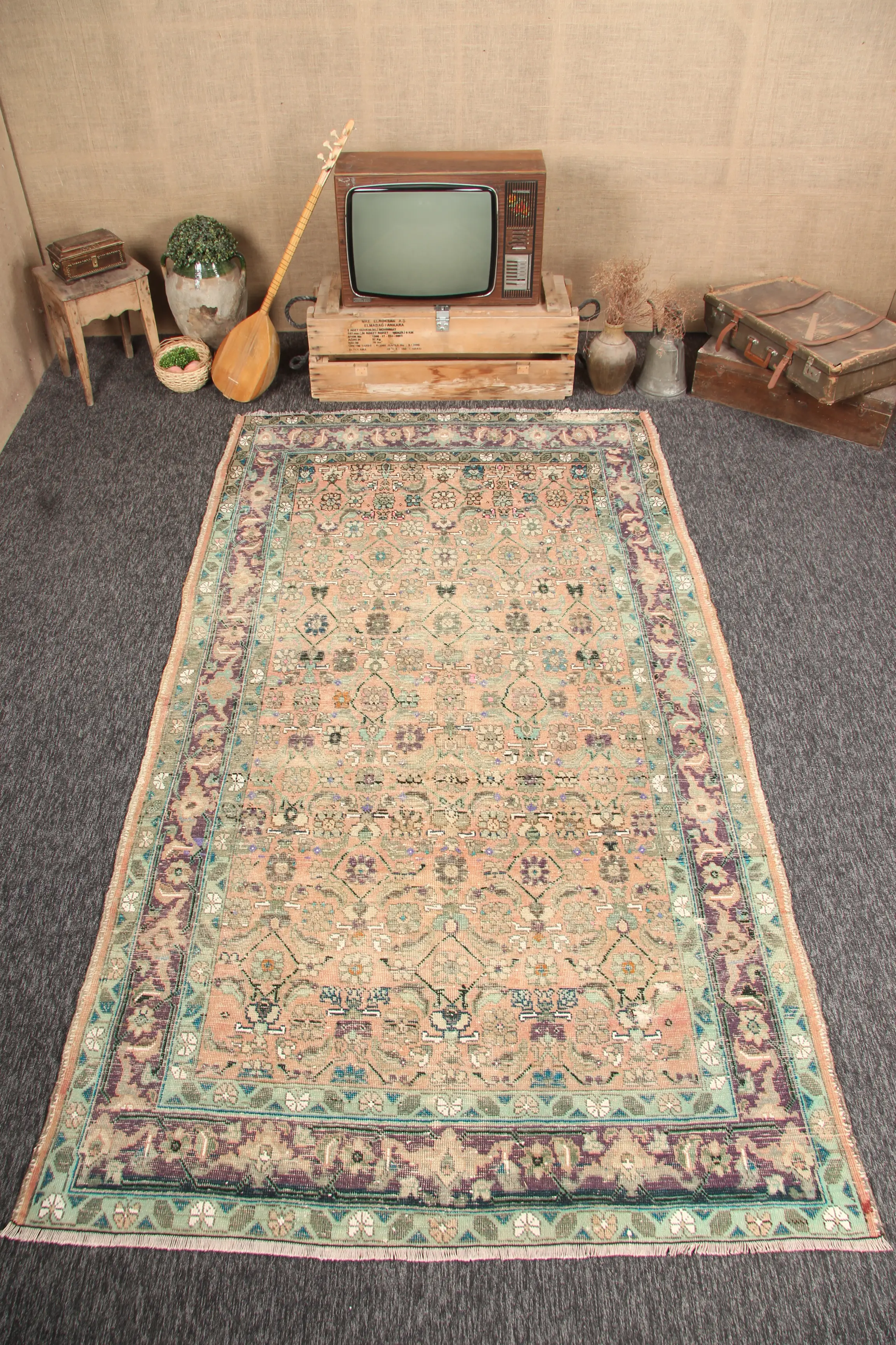 Türk 5.1x9.4 ft Halı, Oushak Vintage Halı, Yeşil Çiçekli Halı - 1
