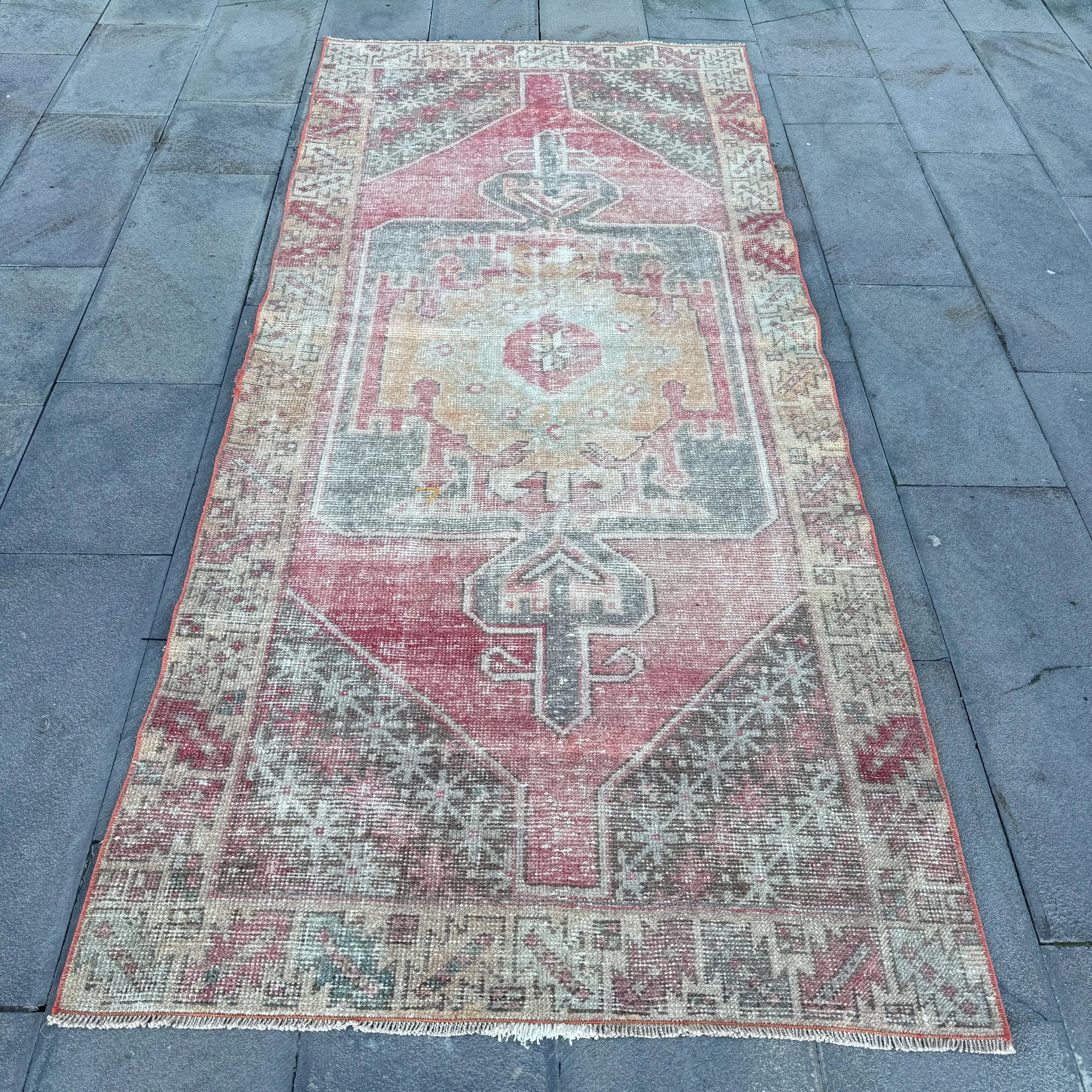 Turkish Area Rug 3.7x8.3 ft, Vintage Red Polka dot Wool Rug - 1