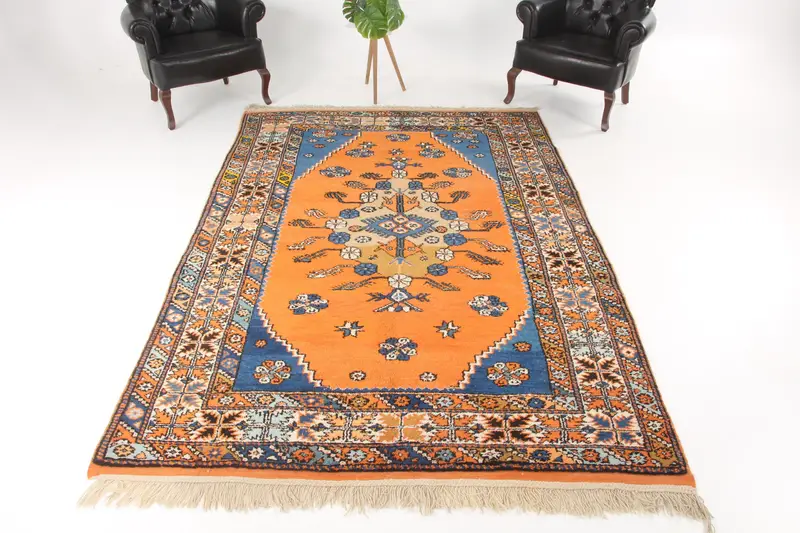 Alfombra vintage turca de 6,2x9,6 pies, alfombra de lana de lunares naranja Oushak - 1